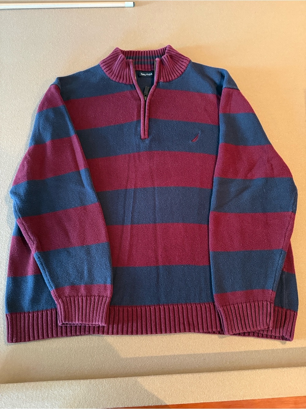 Nautica Men’s Half-Zip Striped Sweater - Burgundy & Navy